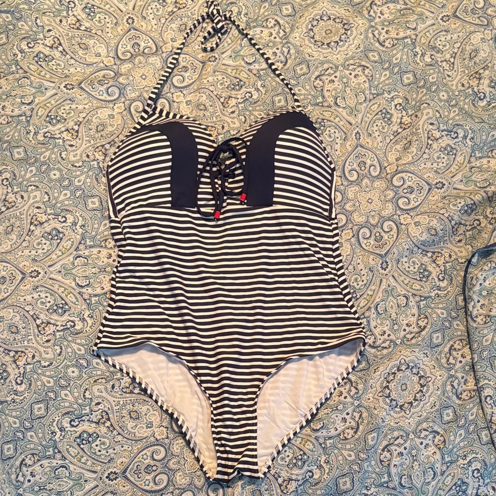 NWOT Striped Navy and White One Piece Swimsuit